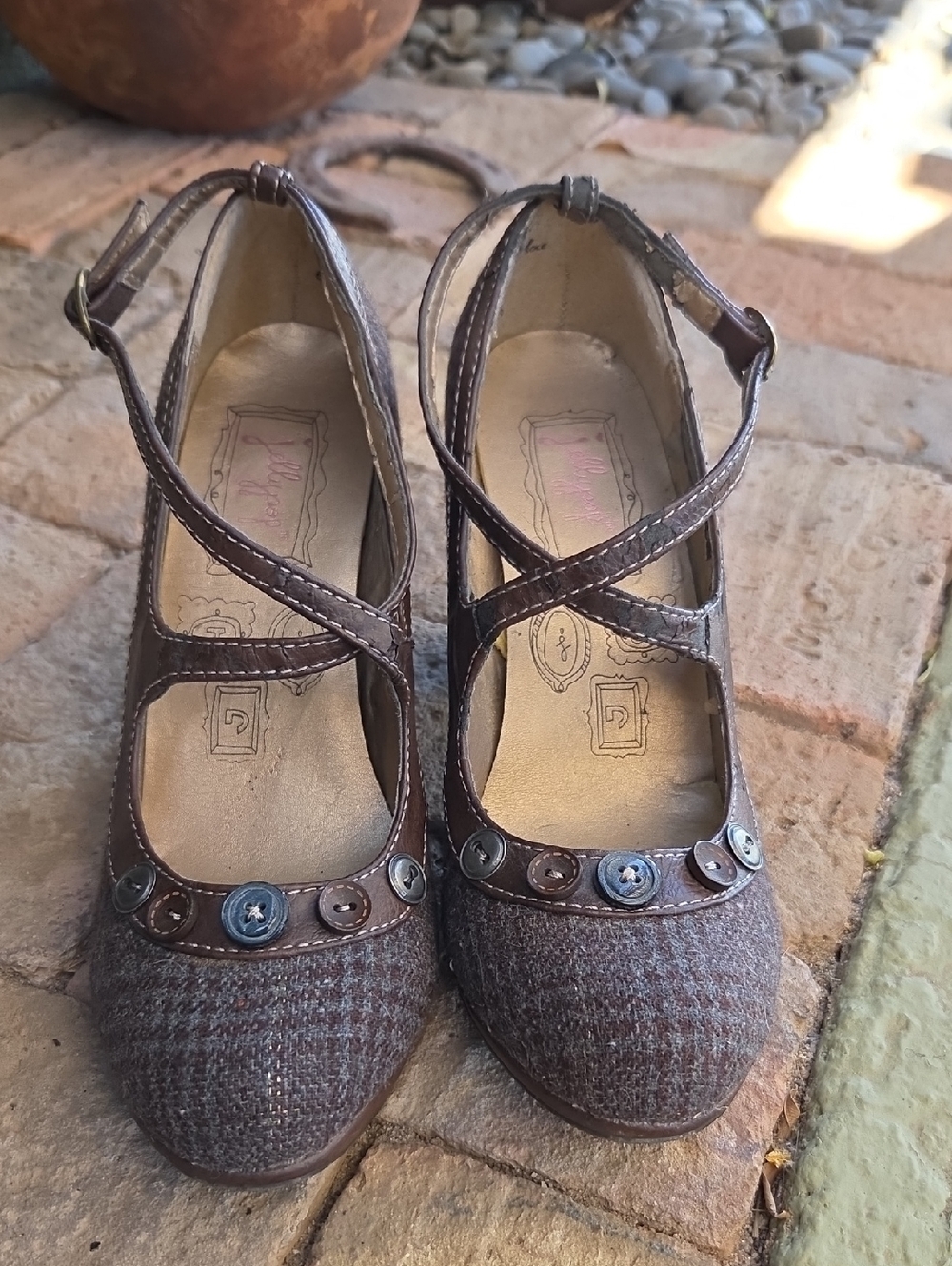 Women’s Brown Tweed Mary Jane Heels with Button Trim